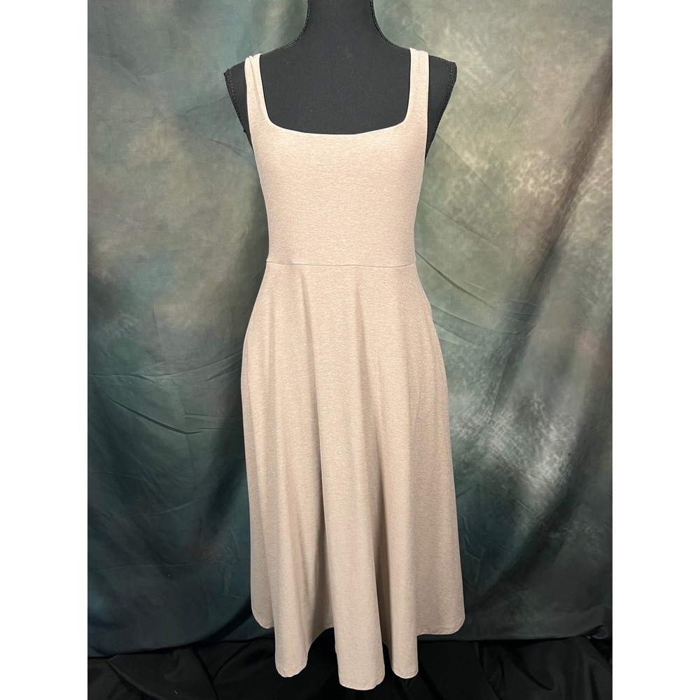 Beyond Yoga Spacedye Square Neck Midi Dress Tan Heather Large Pockets Shelf Bra